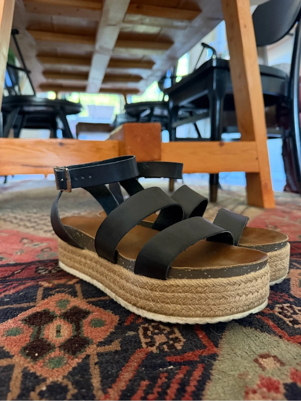 Black Platform Espadrille Sandals with Ankle Strap - Women's